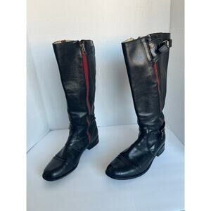 SENDRA Riding Tall Black Red Leather Side 2 Zippers Buckle Motorcycle Boots 10
